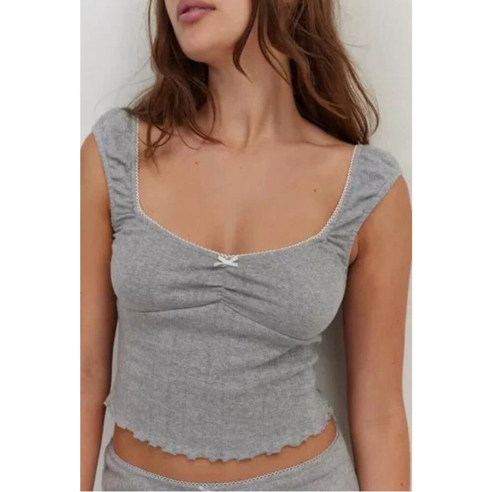 Out From Under Gray Ruched Sweetheart Babydoll Lace Trim Top Sz L Y2K Coquette